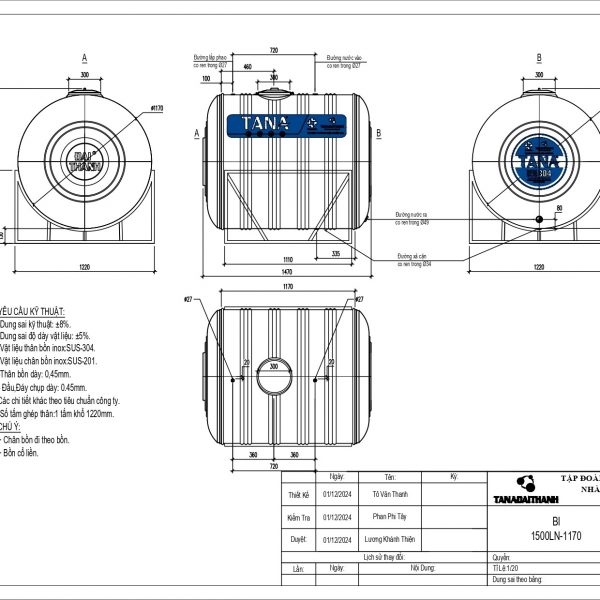 BỒN INOX TÂN Á 1.500L NGANG